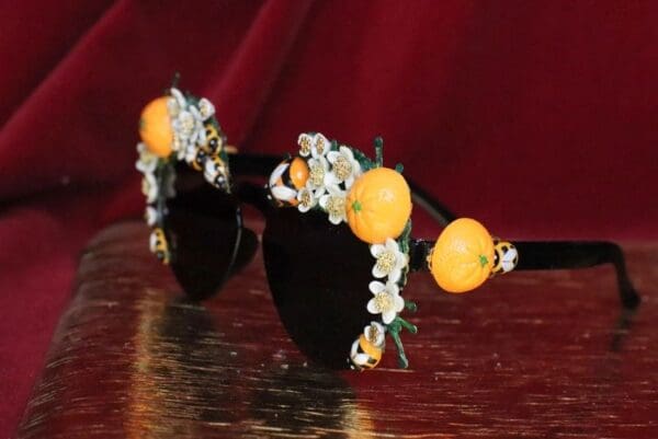 SOLD! 6342 Baroque Orange Fruit Sicilian Sided Flower Blossom Bee Embellished Sunglasses - Image 4