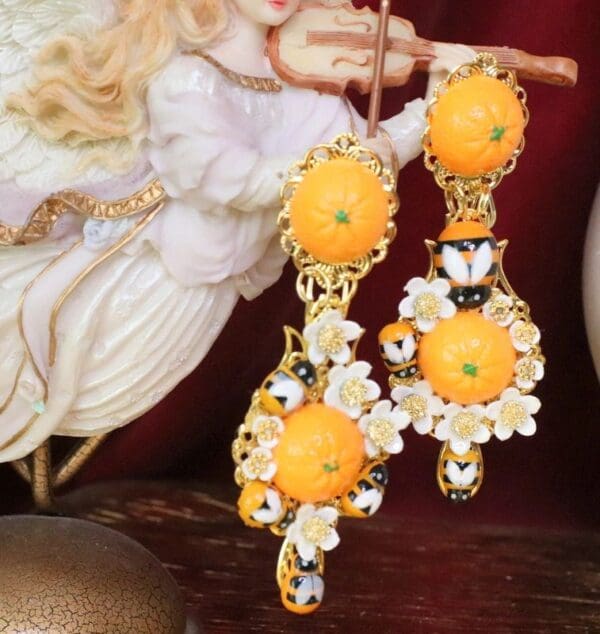 SOLD! 6343 Baroque Sicilian Orange Fruit Flower Blossom Bee Irregular Earrings