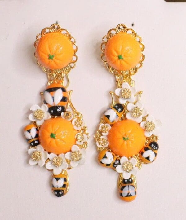SOLD! 6343 Baroque Sicilian Orange Fruit Flower Blossom Bee Irregular Earrings - Image 2