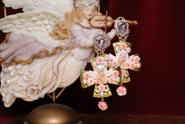 SOLD! 6346 Baroque Cherub Angel Roses Cross Earrings - Image 6