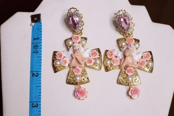 SOLD! 6346 Baroque Cherub Angel Roses Cross Earrings - Image 7