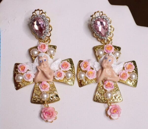 SOLD! 6346 Baroque Cherub Angel Roses Cross Earrings - Image 8