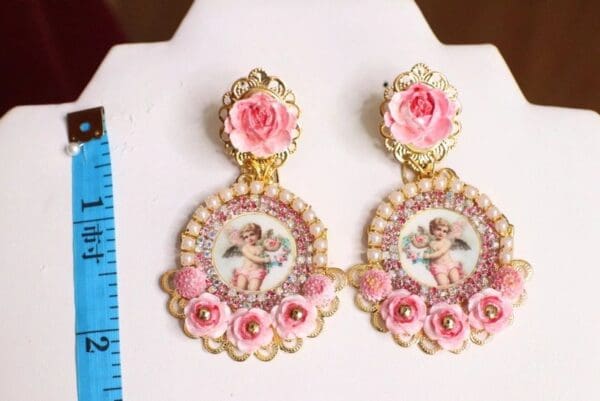 6380 SOLD! Baroque Cherub Angel Cameo Pink Flowers Earrings - Image 3