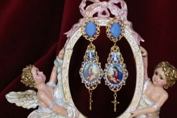SOLD! 6381 Virgin Mary Blue Rhinestones Cameo Earrings - Image 2