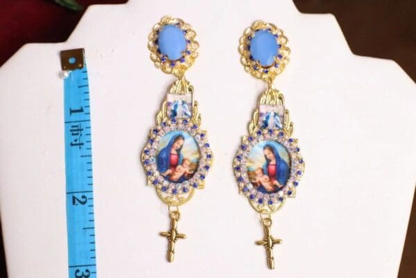 SOLD! 6381 Virgin Mary Blue Rhinestones Cameo Earrings - Image 4