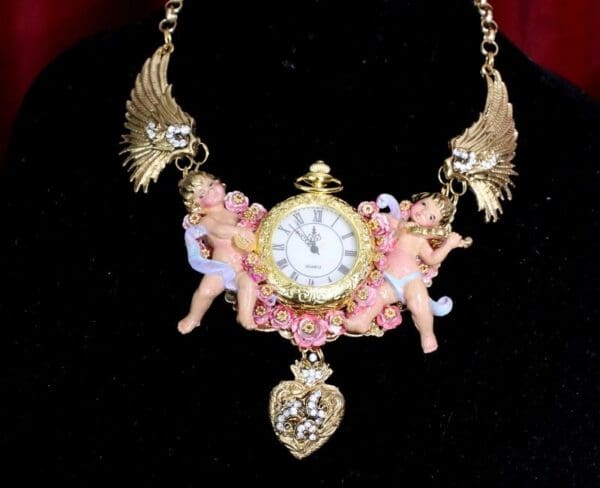 SOLD! 6386 Baroque Watch Winged Hand Painted Cherubs Angels Necklace - Image 4