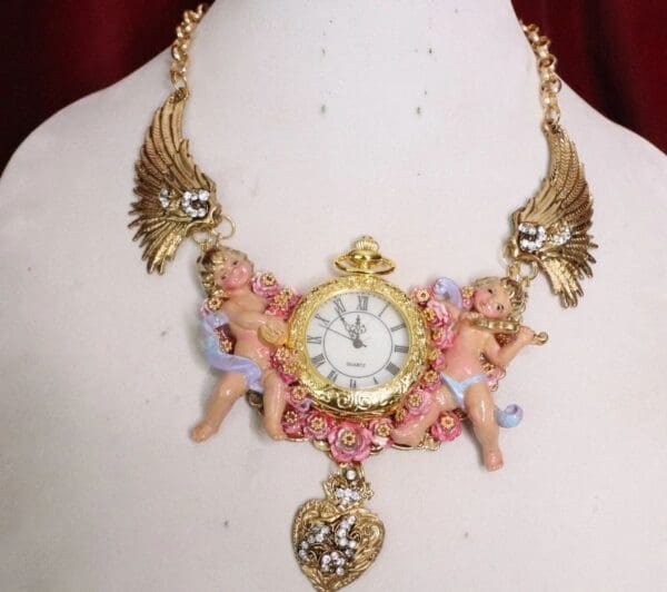 SOLD! 6386 Baroque Watch Winged Hand Painted Cherubs Angels Necklace - Image 5