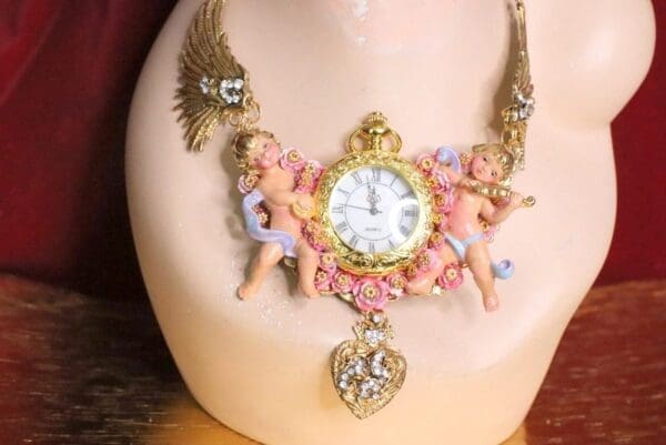 SOLD! 6386 Baroque Watch Winged Hand Painted Cherubs Angels Necklace - Image 6