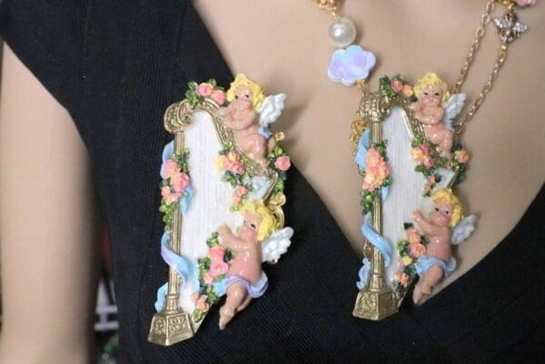 SOLD! 6387 Rococo Hand Painted Harp Angels Cherubs Huge Stunning Brooch - Image 7