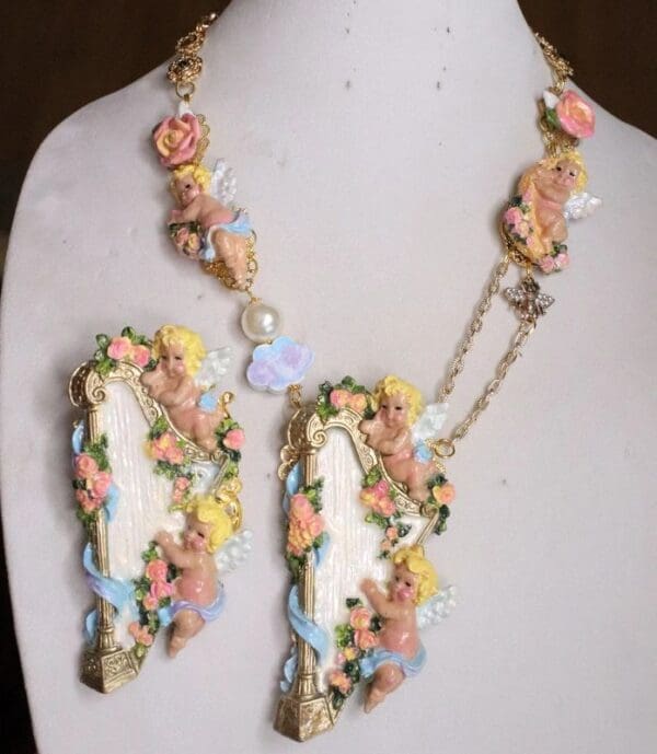 SOLD! 6388 Rococo Hand Painted Cherubs Angels Harp MAssive Necklace - Image 3