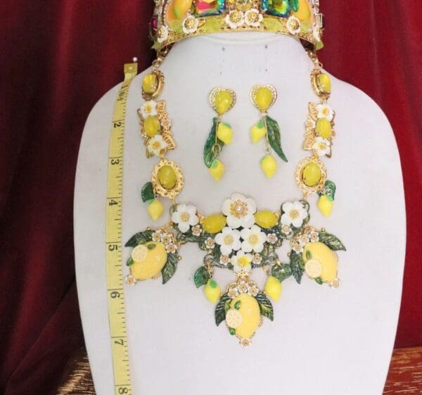 SOLD! 6391 Set Of Hand Painted Baroque Lemon Fruit Flower Blossom Massive Necklace+ Earrings - Image 5
