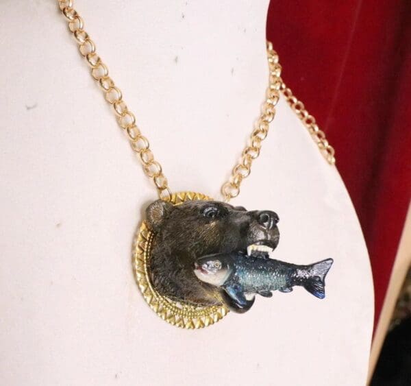 SOLD! 6404 Art Jewelry 3D Effect Bear Fish Unisex Pendant Necklace