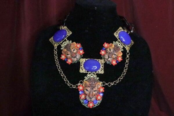 SOLD! 6407 Art Jewelry 3D Effect Genuine Sulemani Gemstones Hand Painted Leopards Massive Necklace - Image 7