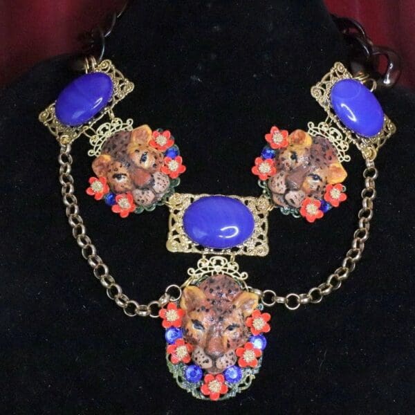 SOLD! 6407 Art Jewelry 3D Effect Genuine Sulemani Gemstones Hand Painted Leopards Massive Necklace