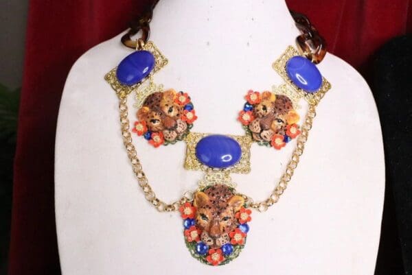 SOLD! 6407 Art Jewelry 3D Effect Genuine Sulemani Gemstones Hand Painted Leopards Massive Necklace - Image 8