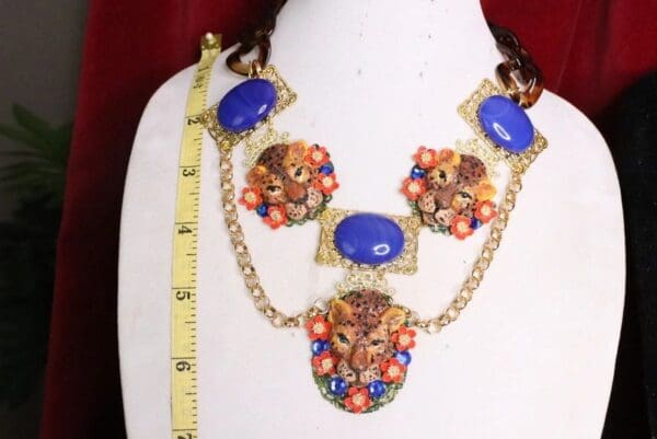 SOLD! 6407 Art Jewelry 3D Effect Genuine Sulemani Gemstones Hand Painted Leopards Massive Necklace - Image 9