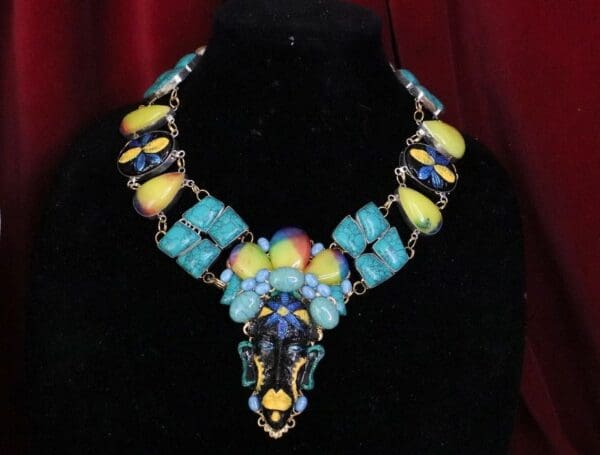 SOLD! 6419 African Revival Mask Genuine Turquoise Carved Rainbow Calsilica Black Onyx Peridot Necklace - Image 2