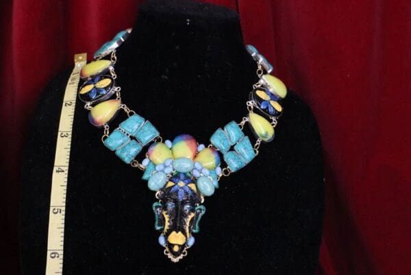 SOLD! 6419 African Revival Mask Genuine Turquoise Carved Rainbow Calsilica Black Onyx Peridot Necklace - Image 3