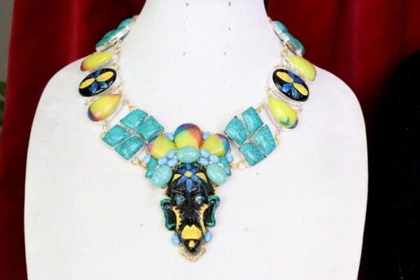 SOLD! 6419 African Revival Mask Genuine Turquoise Carved Rainbow Calsilica Black Onyx Peridot Necklace - Image 4
