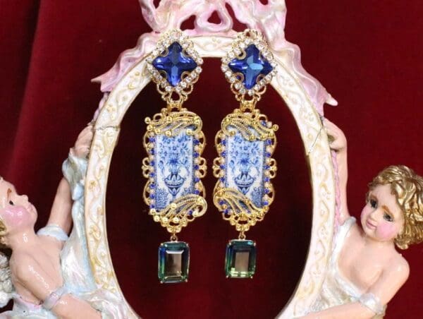 SOLD! 6433 Baroque Blue Vase Tile Sicilian Massive Studs Earrings - Image 2