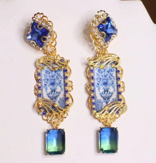 SOLD! 6433 Baroque Blue Vase Tile Sicilian Massive Studs Earrings - Image 4