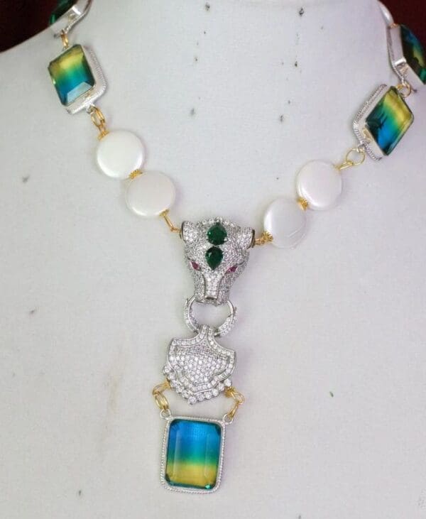 SOLD! 6437 Genuine Tourmaline Gemstones Zirconium Leopard Biwa Pearls Elegant Necklace - Image 4