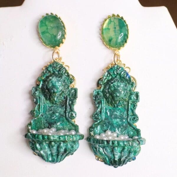 SOLD! 6440 Baroque Malachite Effect Fountain Lion Pearl Massive Studs Earrings - Image 2