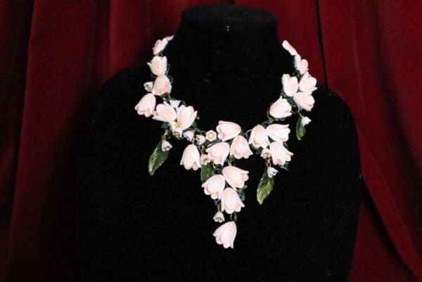 SOLD! 6443 Magnolia Flower Lily Of The Valley Irregular Hand Painted Statement Necklace - Image 5