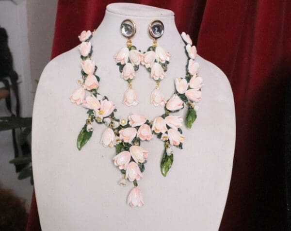 SOLD! 6443 Magnolia Flower Lily Of The Valley Irregular Hand Painted Statement Necklace - Image 6