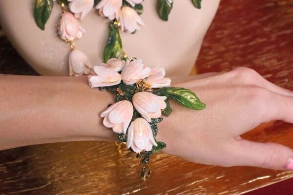 SOLD! 6446 Baroque Hand Painted Magnolia Flower Adjustable Bracelet - Image 3