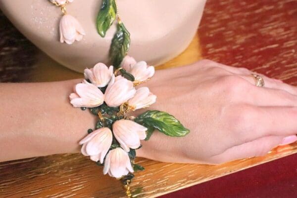 SOLD! 6446 Baroque Hand Painted Magnolia Flower Adjustable Bracelet - Image 4
