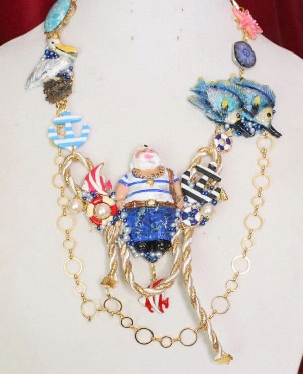 SOLD! 6447 Art Jewelry Nautical Fish-man Catching A Big Fish Genuine Agates Massive Necklace - Image 3