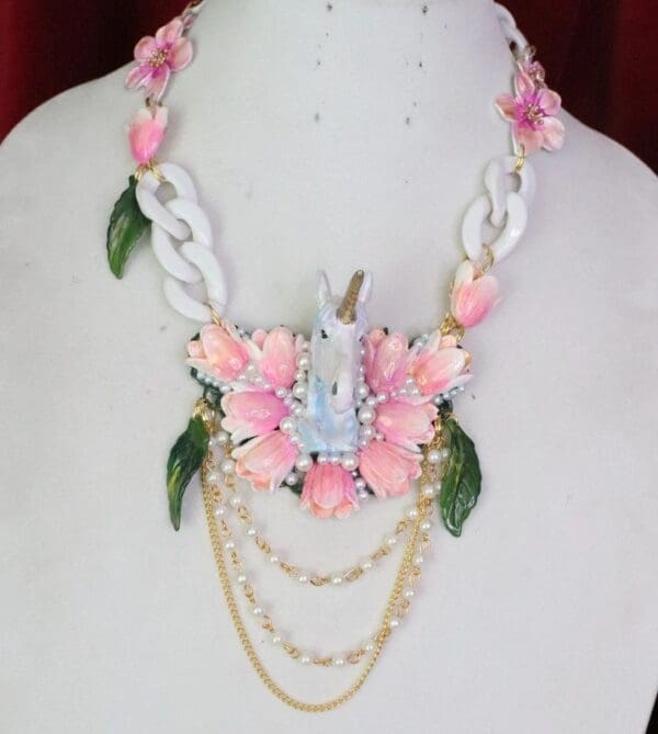 SOLD! 6450 Art Jewelry 3D Effect Hand Painted Unicorn Tulips Massive Statement Necklace - Image 6