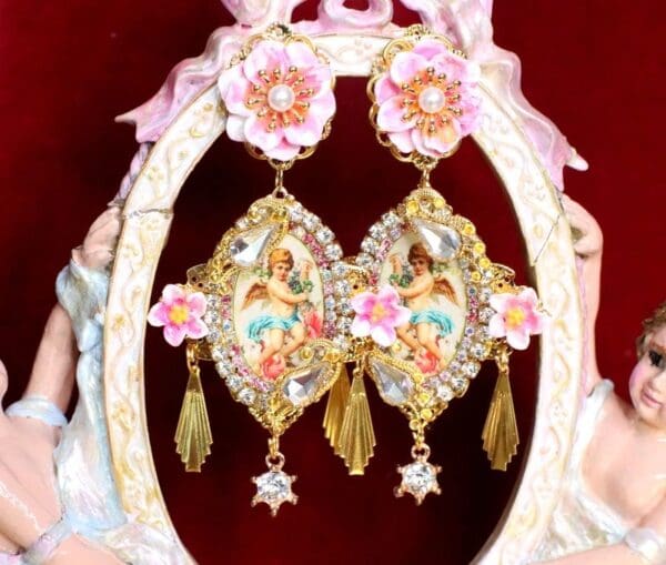 SOLD!6482 Baroque Cherubs Angels Renaissance Cameo Gold Tassels Massive Studs Earrings - Image 2