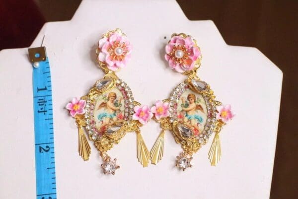 SOLD!6482 Baroque Cherubs Angels Renaissance Cameo Gold Tassels Massive Studs Earrings - Image 3