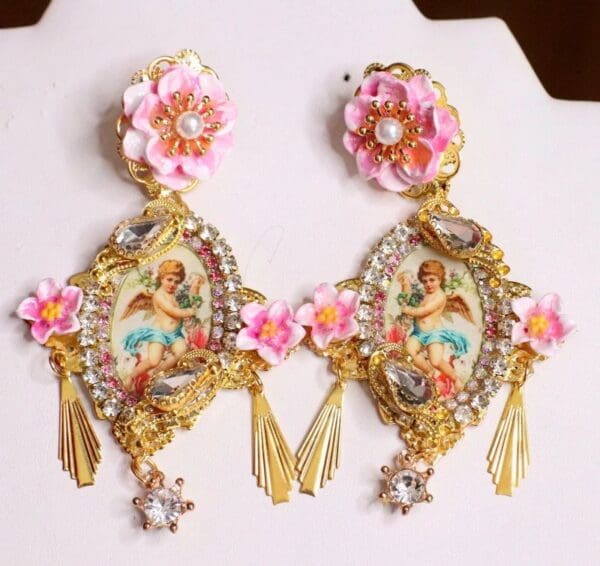 SOLD!6482 Baroque Cherubs Angels Renaissance Cameo Gold Tassels Massive Studs Earrings - Image 4