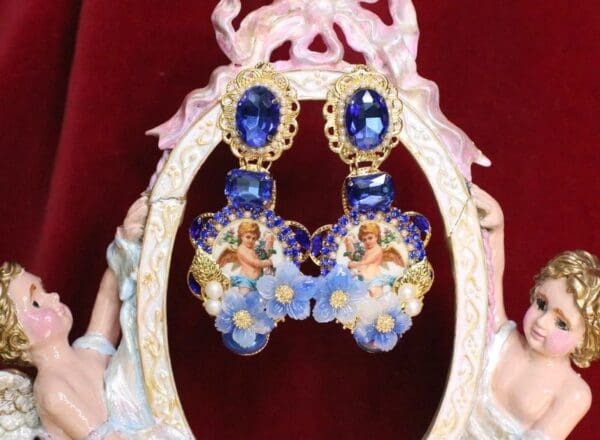 SOLD! 6485 Baroque Cherubs Angels Renaissance Cameo Blue Flower Massive Studs Earrings - Image 2