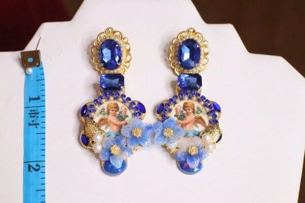 SOLD! 6485 Baroque Cherubs Angels Renaissance Cameo Blue Flower Massive Studs Earrings - Image 3