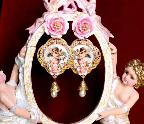 SOLD! 6486 Baroque Cherubs Angels Renaissance Cameo Pink Rose Massive Studs Earrings - Image 2