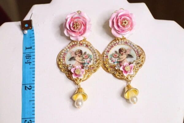 SOLD! 6486 Baroque Cherubs Angels Renaissance Cameo Pink Rose Massive Studs Earrings - Image 3
