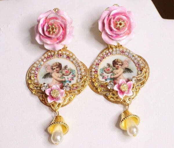 SOLD! 6486 Baroque Cherubs Angels Renaissance Cameo Pink Rose Massive Studs Earrings - Image 4