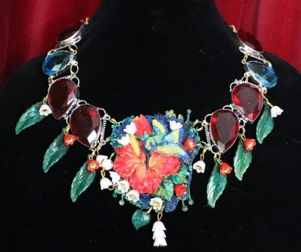 SOLD! 6487 Art Jewelry 3D Effect Hand Painted Hummingbird Genuine Mozambique Ruby Massive Statement Necklace - Image 3