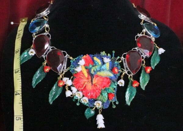 SOLD! 6487 Art Jewelry 3D Effect Hand Painted Hummingbird Genuine Mozambique Ruby Massive Statement Necklace - Image 4