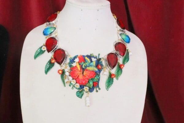 SOLD! 6487 Art Jewelry 3D Effect Hand Painted Hummingbird Genuine Mozambique Ruby Massive Statement Necklace - Image 5