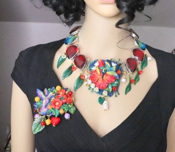 SOLD! 6487 Art Jewelry 3D Effect Hand Painted Hummingbird Genuine Mozambique Ruby Massive Statement Necklace