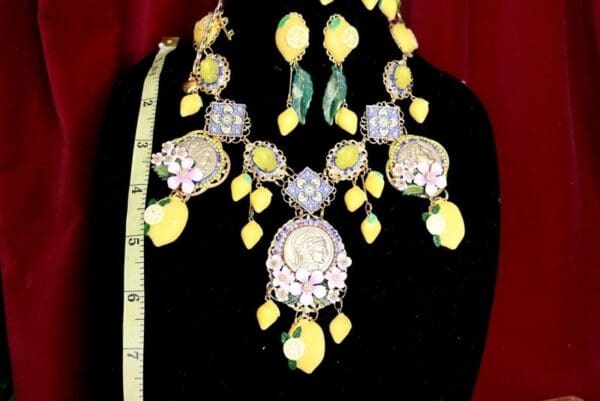 SOLD! 6528 Set Of Baroque Roman Coin Enamel Tile Lemon Fruit Statement Necklace+ Earrings - Image 6