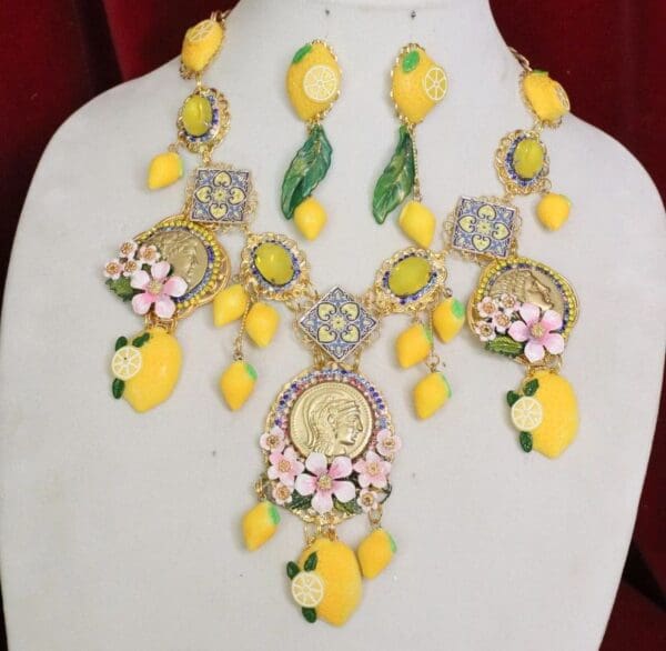 SOLD! 6528 Set Of Baroque Roman Coin Enamel Tile Lemon Fruit Statement Necklace+ Earrings - Image 2
