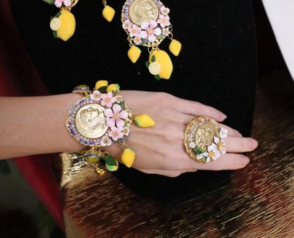 SOLD! 6529 Set Of Baroque Hand Painted Roman Coin Lemon Fruit Adjustable Bracelet+ Earrings - Image 6