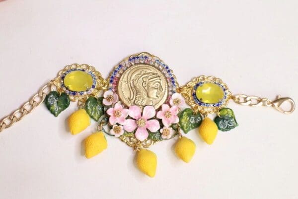 SOLD! 6529 Set Of Baroque Hand Painted Roman Coin Lemon Fruit Adjustable Bracelet+ Earrings - Image 7
