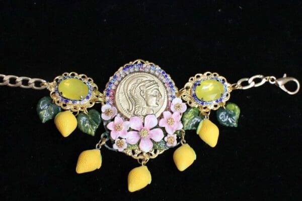 SOLD! 6529 Set Of Baroque Hand Painted Roman Coin Lemon Fruit Adjustable Bracelet+ Earrings - Image 8